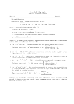 Precalculus I: College Algebra Section 4.1: Polynomial Functions