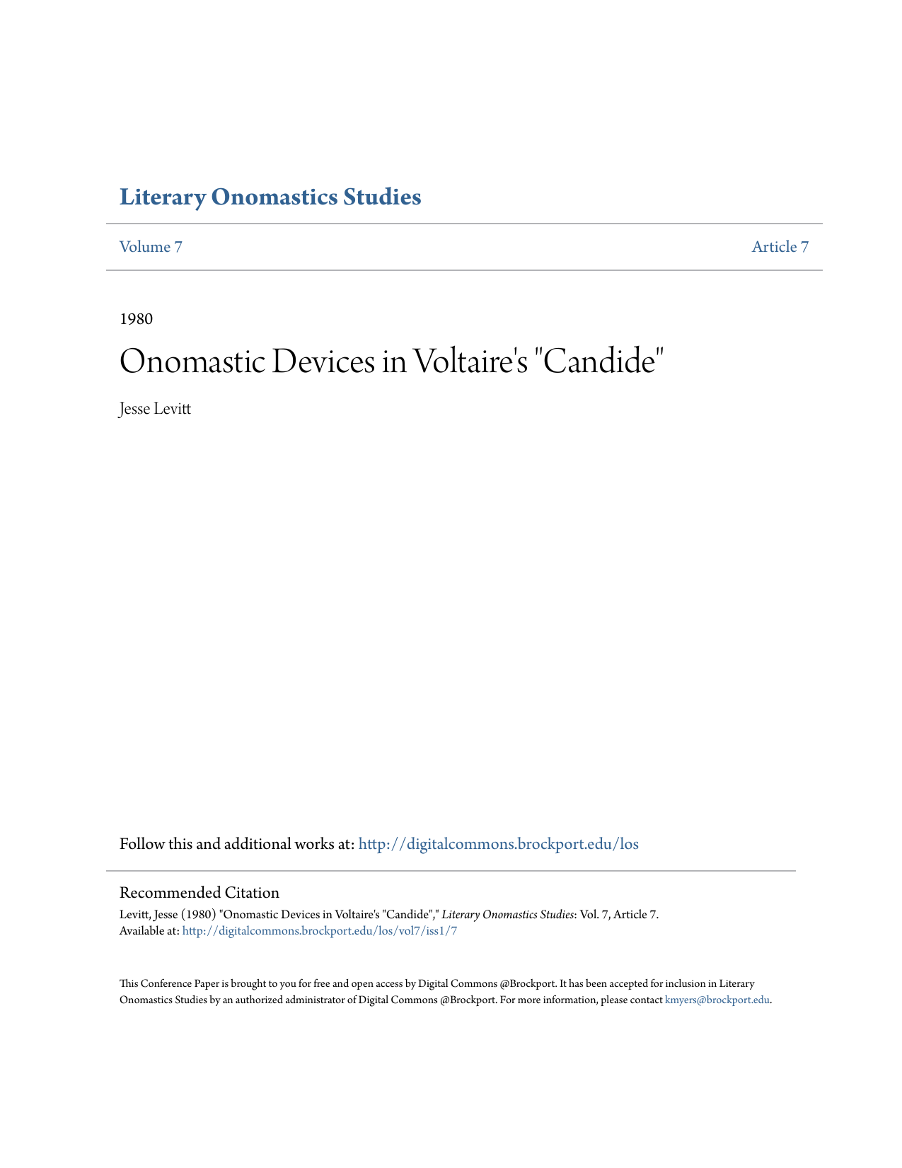 Onomastic Devices In Voltaire S Candide