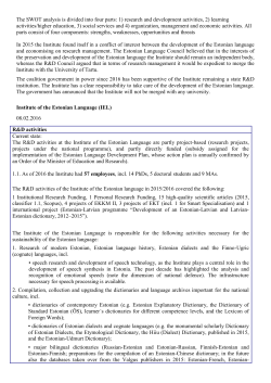 The SWOT analysis is divided into four parts: 1) research and