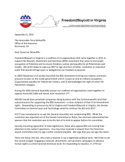 September 6, 2016 The Honorable Terry McAuliffe Office of the