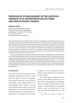 fREEDOM Of ESTABLISHMENT AfTER CARTESIO: ABSENCE Of