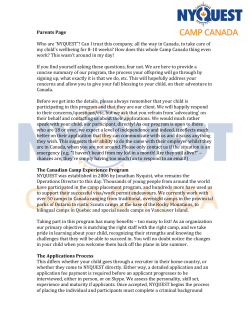 Parent Guide - NYQUEST Camp Canada