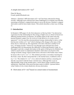 A simple derivation of E = mc2 I - Introduction II