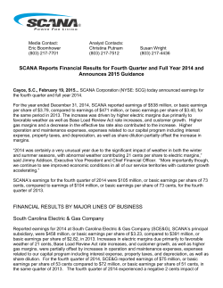 SCANA Reports Financial Results for Fourth Quarter and Full Year