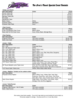Tables and Chairs Item Description Color Price Round Table (3ft
