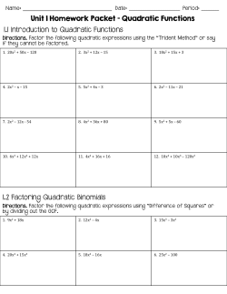 Unit 1 Homework Packet &ndash; Quadratic Functions