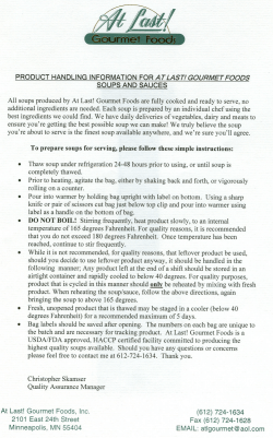 Gourmet Foods` Handling Instructions PDF