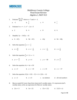 Middlesex County College Final Exam Review Algebra 1, MAT 013