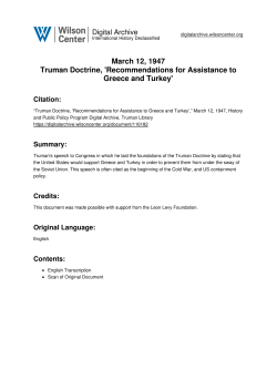 March 12, 1947 Truman Doctrine, `Recommendations for Assistance