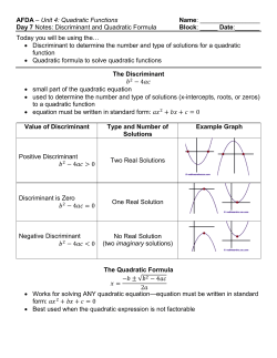 AFDA &ndash; Unit 4: Quadratic Functions Name