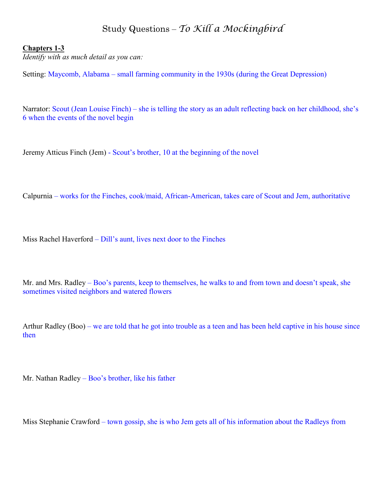 Study Questions – To Kill a Mockingbird