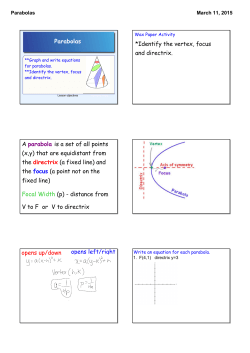 Parabolas *Identify the vertex, focus and directrix. A parabola is a set