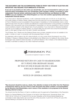 proposed return of cash to shareholders of 75 pence per ordinary