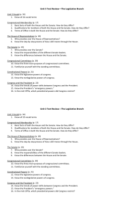 Unit 3 Test Review&mdash;The Legislative Branch Unit 3 Test Review