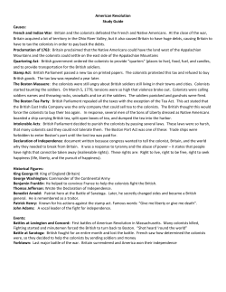 American Revolution Study Guide Causes: French and Indian War