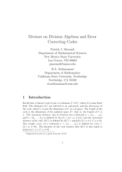 Divisors on Division Algebras and Error Correcting Codes