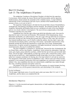Biol 212 Zoology Lab 13: The Amphibians (10 points)