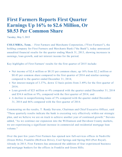 First Farmers Reports First Quarter Earnings Up 16