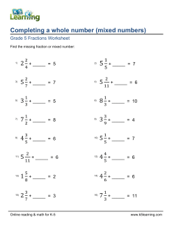 Grade 5 Fractions Worksheet Completing a whole number (mixed