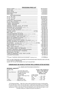 PROCESSING PRICE LIST WHOLE DEER (90 LBS. OR LESS