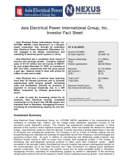 Asia Electrical Power International Group, Inc. Investor Fact Sheet