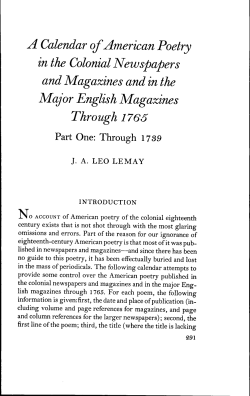 A Calendar of American Poetry in the Colonial Newspapers and