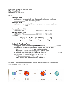 HX(aq) + H2O(l) H 3O+(aq) + X (aq) Acid Base C.A.     C.B.