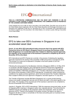 EFG to take over BSI`s business in Singapore in an accelerated