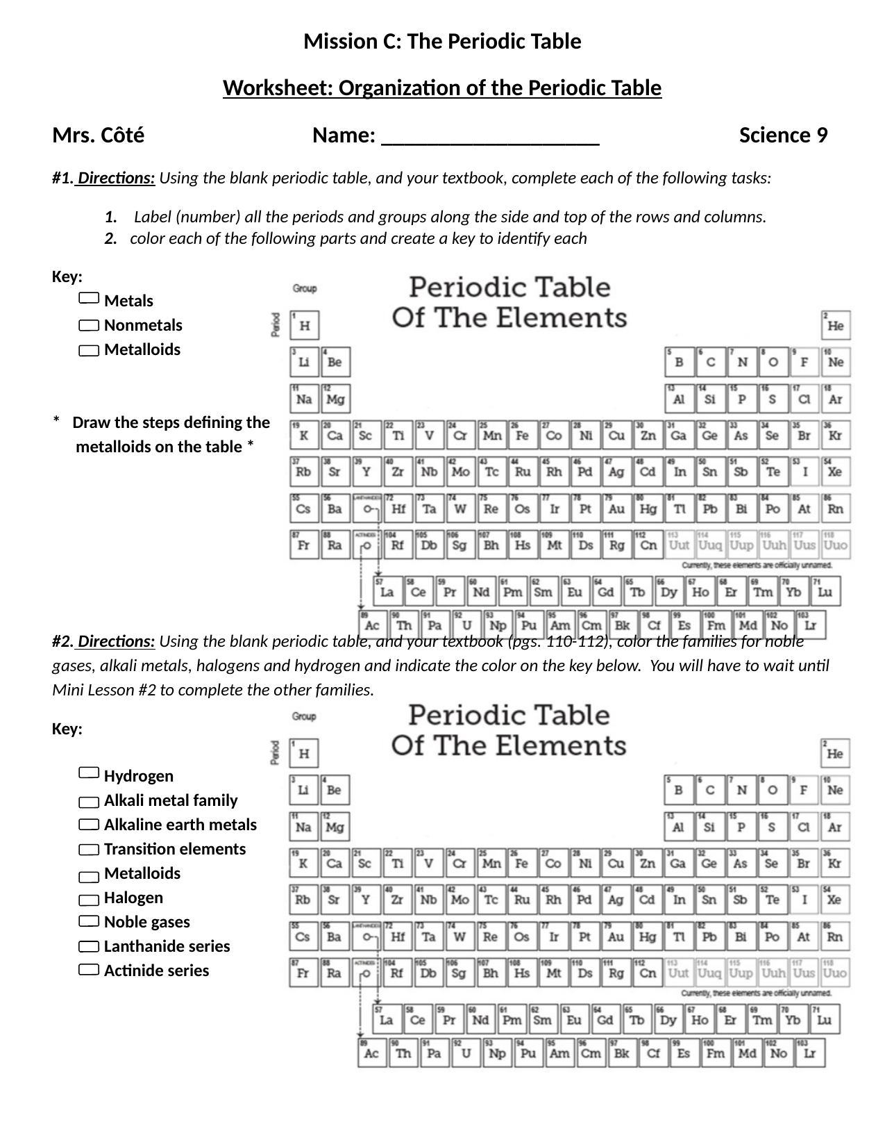 Mission C: The Periodic Table Worksheet: Organization of the With Blank Periodic Table Worksheet