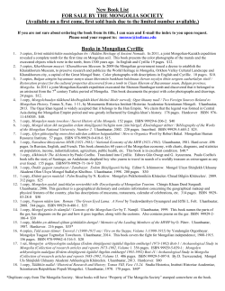 New Book List FOR SALE BY THE MONGOLIA SOCIETY (Available