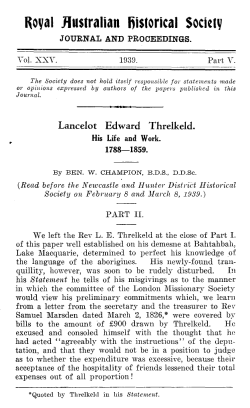 "Lancelot Edward Threlkeld. His life and work: 1788