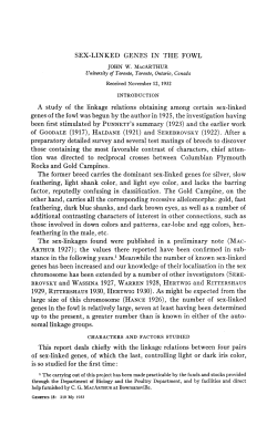 Macarthur, John W. Sex-linked Genes in the Fowl Genetics, 18