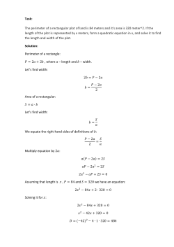Task: The perimeter of a rectangular plot of land is 84 meters and it`s