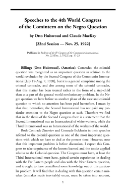 Speeches to the 4th World Congress of the Comintern on the Negro