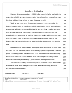 Gutenberg &ndash; Oral Reading Johannes Gutenberg was born in 1398