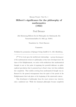 Hilbert`s significance for the philosophy of mathematics (1922) Paul