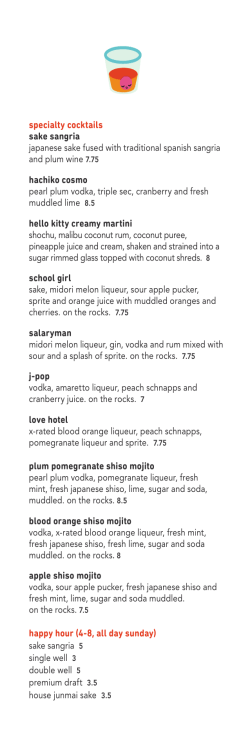 specialty cocktails sake sangria hachiko cosmo hello