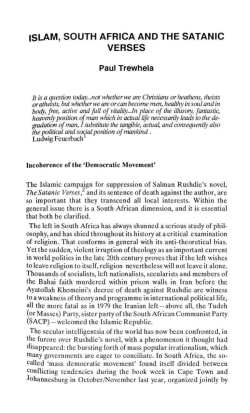 ISLAM, SOUTH AFRICA AND THE SATANIC VERSES Paul Trewhela