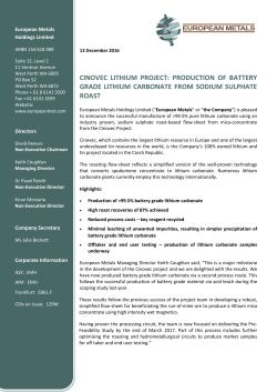 12th Dec 2016: Production of Battery Grade Lithium Carbonate from