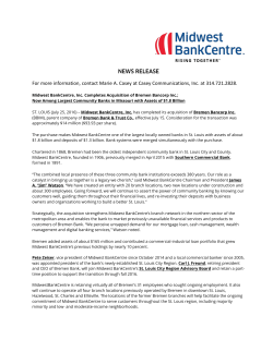 Midwest BankCentre Acquires Bremen Bank