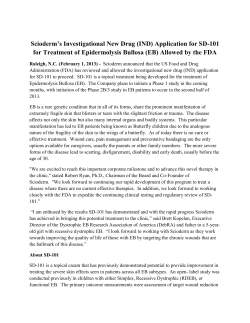 Scioderm`s Investigational New Drug (IND) Application for SD