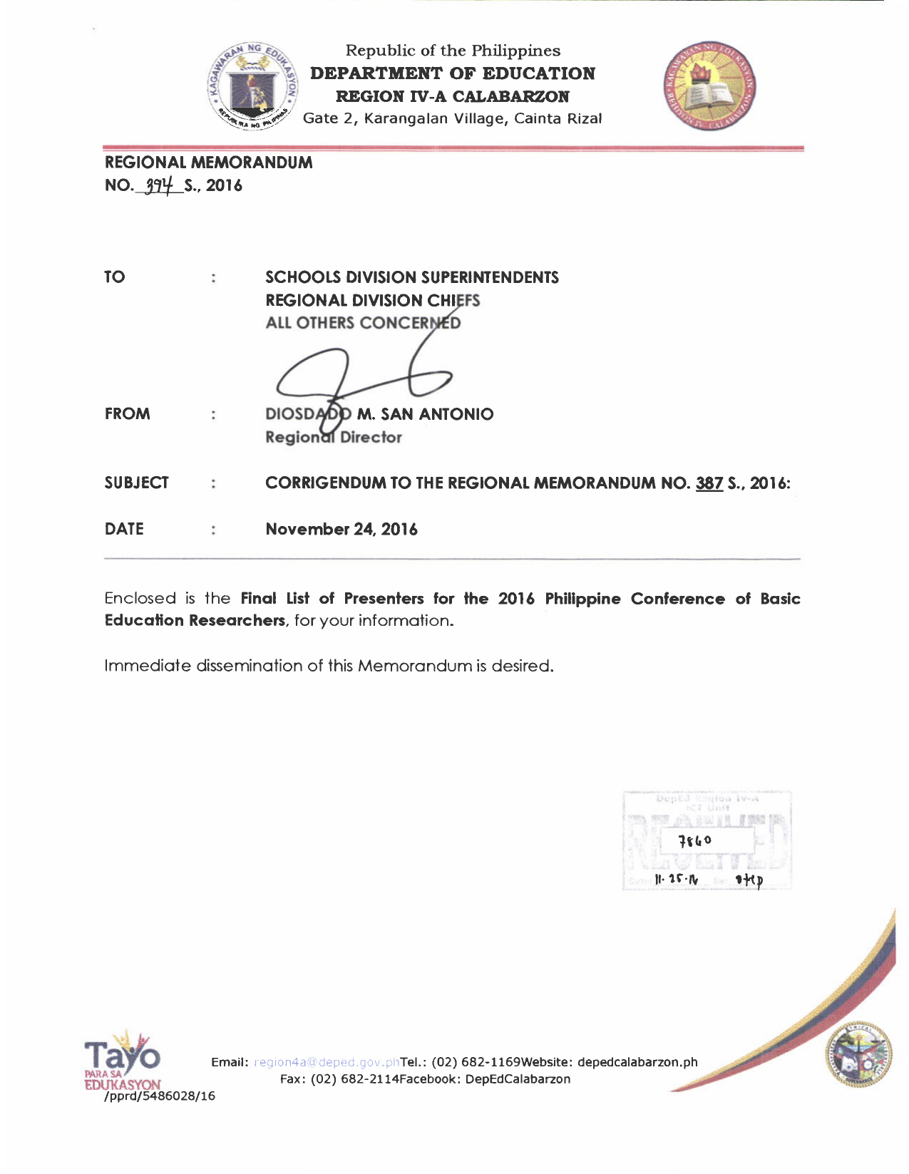 regional memorandum no 394 s 2016