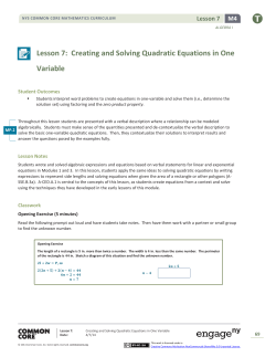 Lesson 7: Creating and Solving Quadratic Equations in