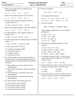Oxidation and Reduction CID: ______ CLASS/SEAT