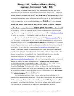 Freshman Honors Biology Summer Assignment Packet 2014