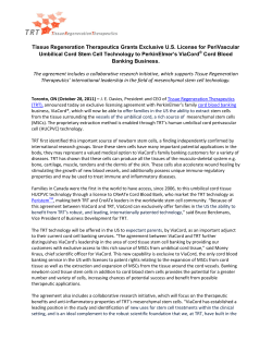 Tissue Regeneration Therapeutics Grants Exclusive U.S. License for