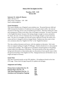 History 3105: The English Civil War Thursdays, 10:05 &ndash; 12:25