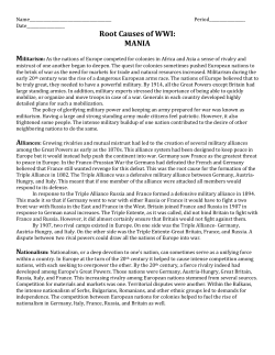 Root Causes of WWI: MANIA