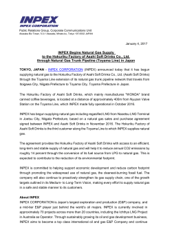 INPEX Begins Natural Gas Supply to the Hokuriku Factory of Asahi