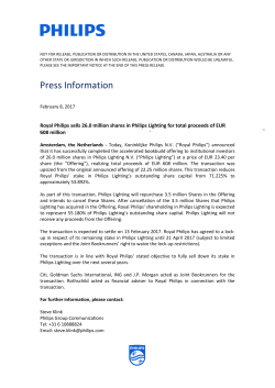 Royal Philips sells 26.0 million shares in Philips Lighting for total